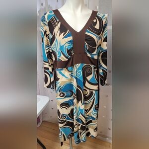 #69 Newport Brown Blue Cream Patterned Midi Dress XL